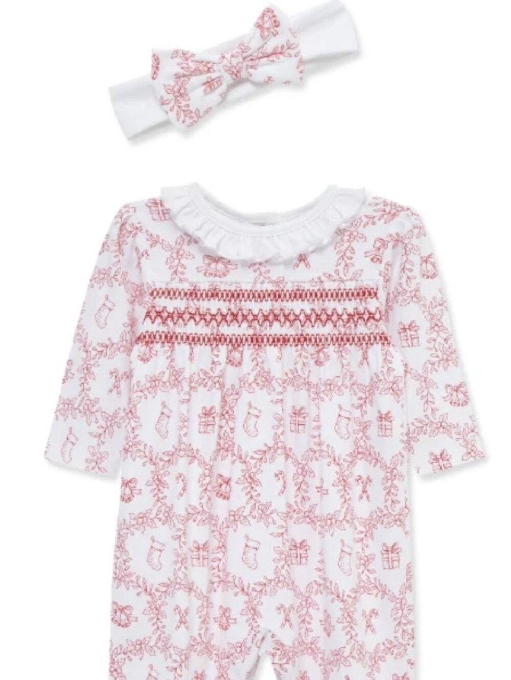 Newborn Little Me Festive Toile Smocked Holiday Footie & Headband Set Like New